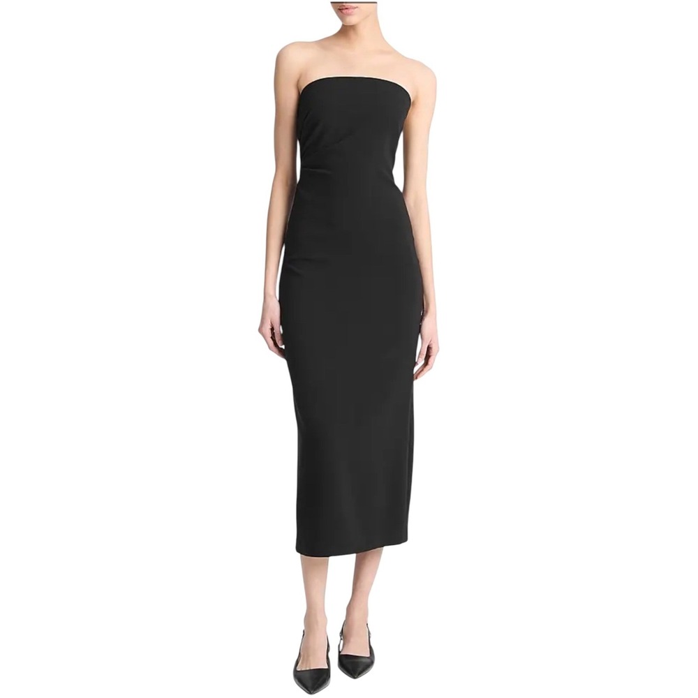NEW VINCE Side Pleat Strapless Midi Dress Black Size 6